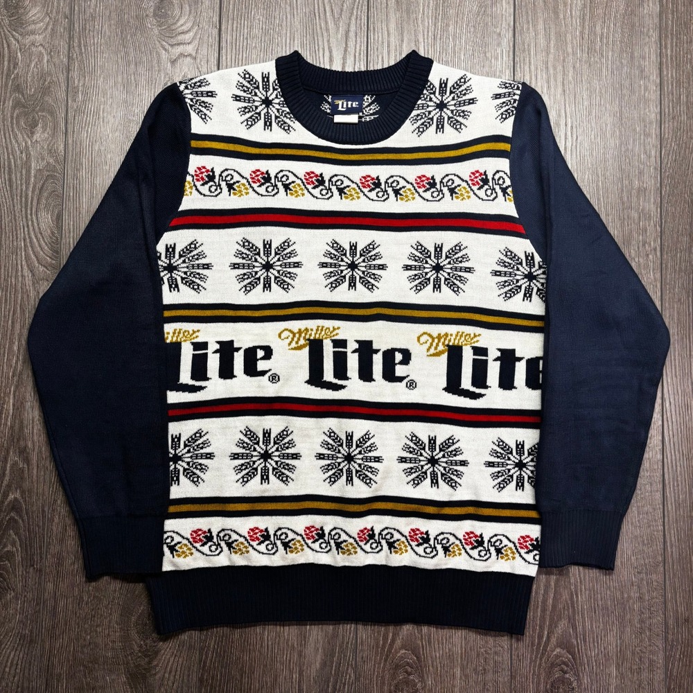 Miller Lite Beer Holiday Ugly Christmas Sweater Mens Small Navy White Fair Isle